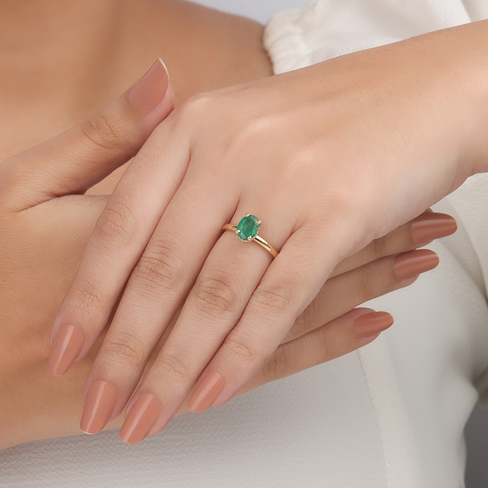 4 Prong Hidden Halo Plain Shoulder Emerald Solitaire Diamond Ring