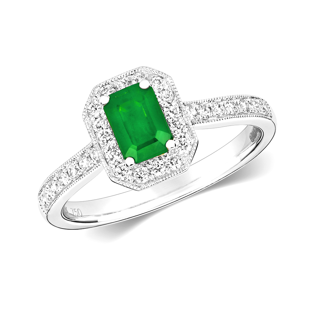4 prong setting emerald shaped color stone and side diamond ring