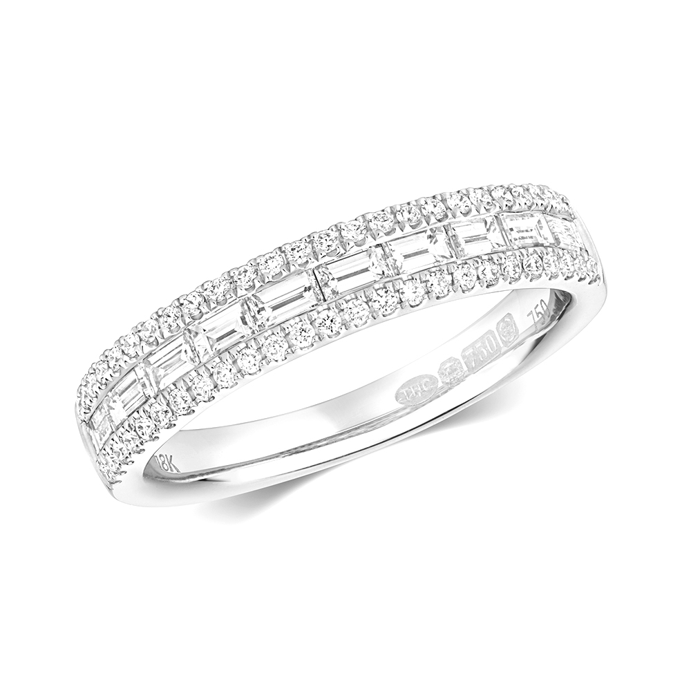 channel setting round and baguette diamond half eternity ring