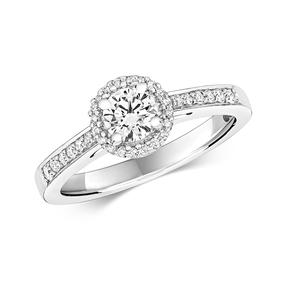 4 prong setting round shape halo diamond and side stone ring