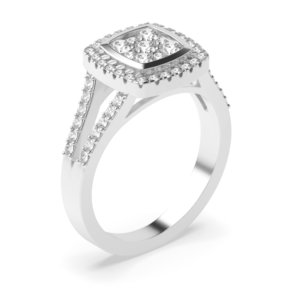 Pave Setting Round Shape Split Shoulder Halo Diamond Ring