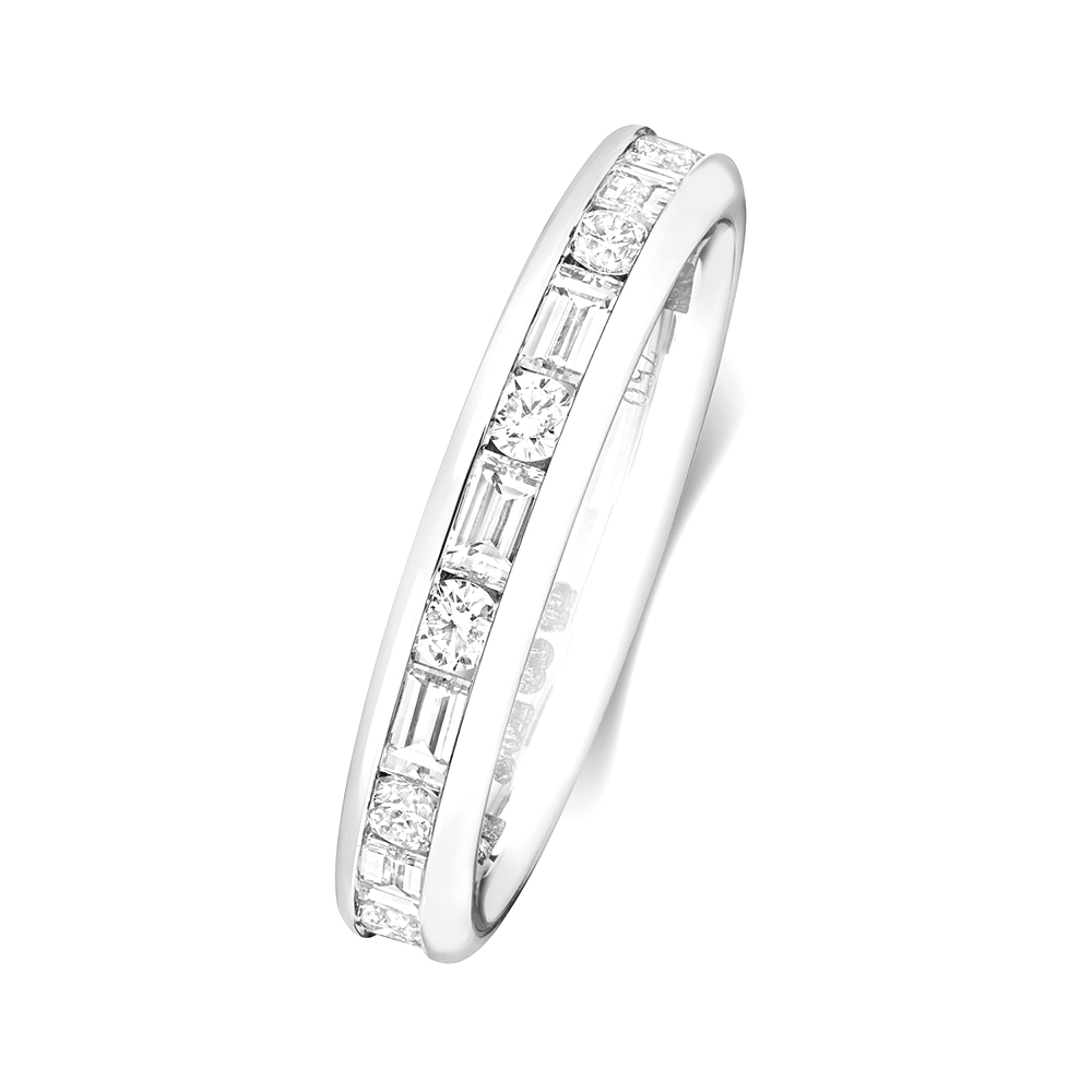 channel setting baguette and round diamond half eternity ring