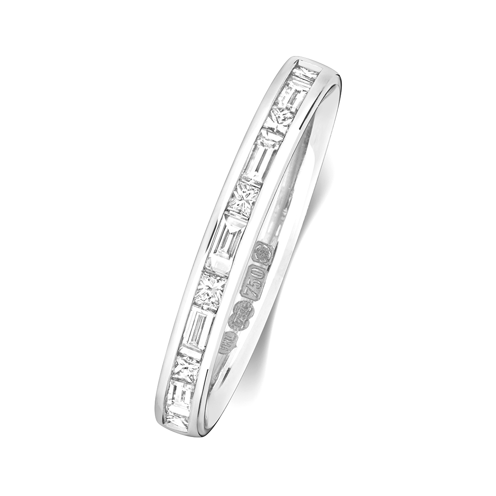 channel setting baguette and princess diamond half eternity ring