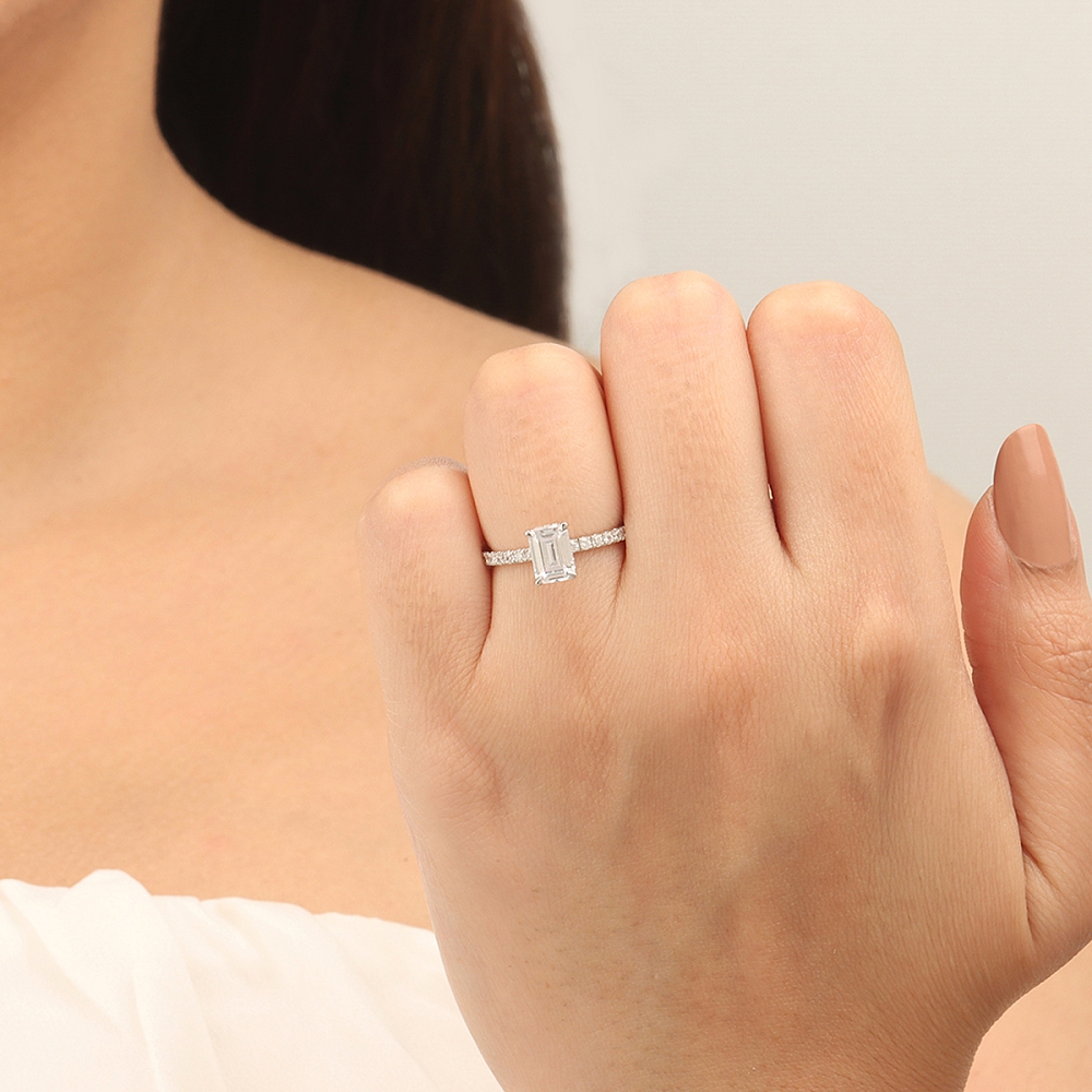 4 Prong Emerald Hidden halo pave set Engagement Rings