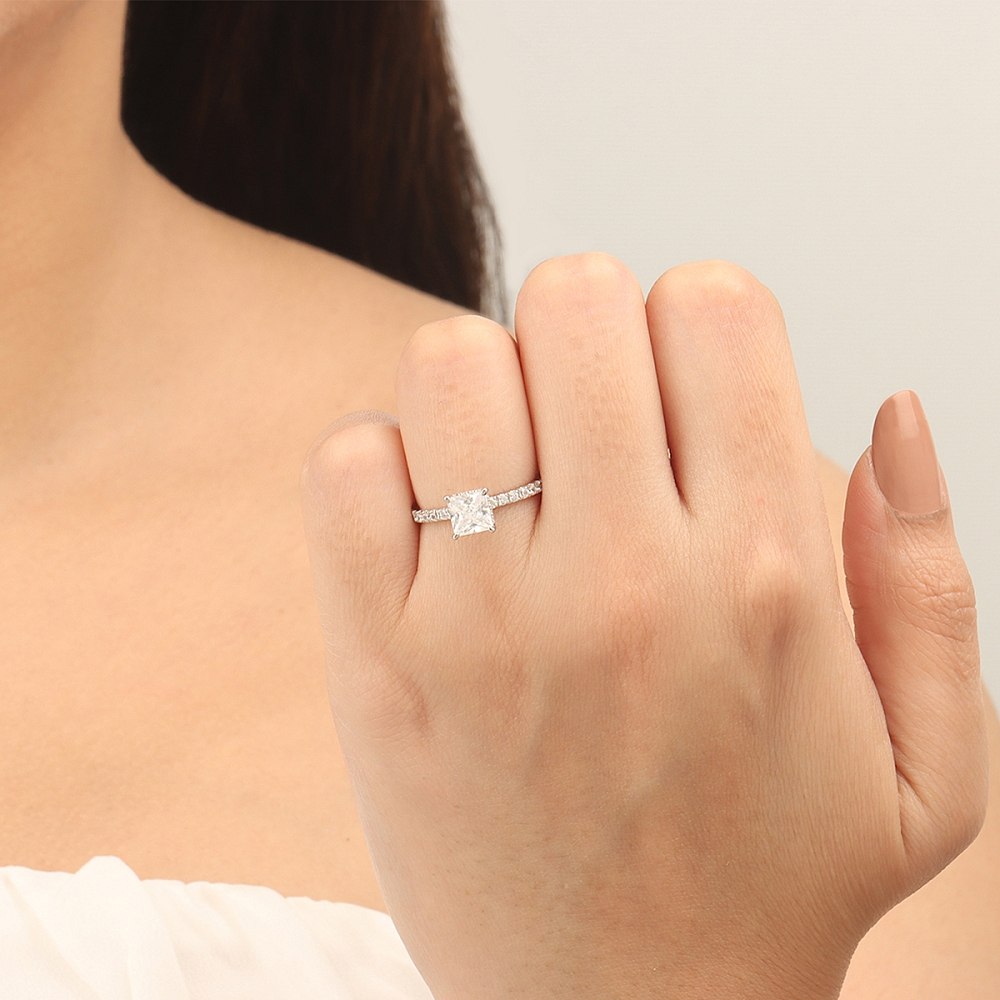 4 Prong Princess Hidden halo pave set Engagement Rings