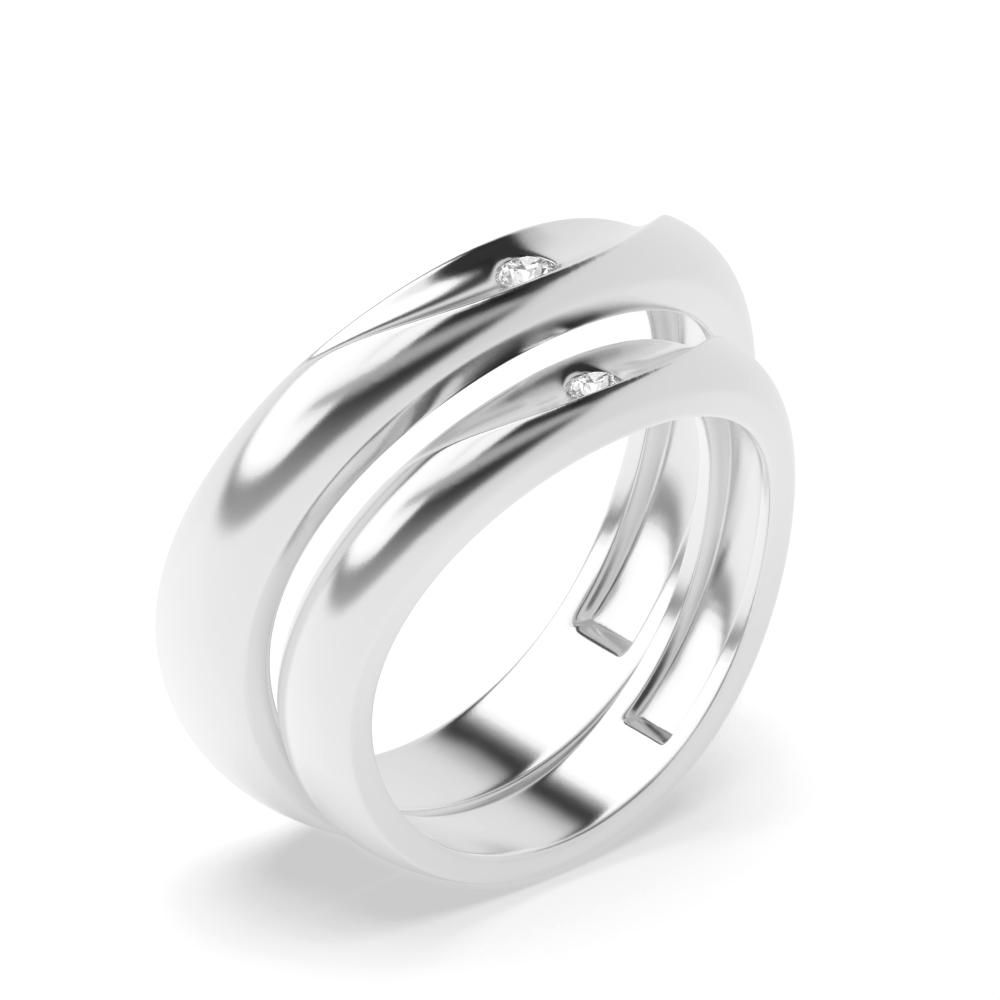 Flush Setting Round Shape Diamond Curve Design Couple Band Ring