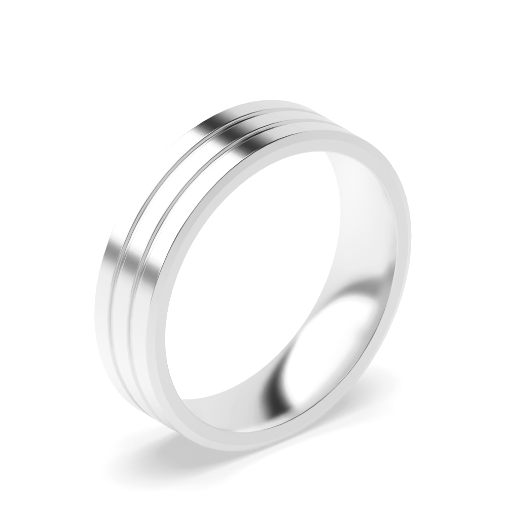 Flat Court Two Grooves Polished Finish Wedding Bands (2.0 - 6.0mm)