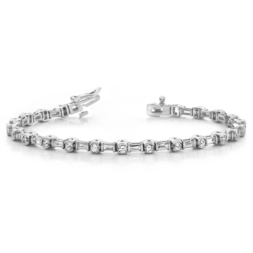 4 Prong Round/Baguette Platinum Line Tennis Bracelet