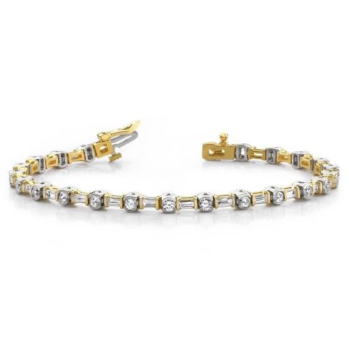 4 Prong Round/Baguette Yellow Gold Alternate Tennis Diamond Bracelets