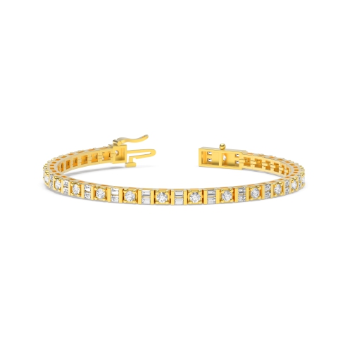 4 Prong Round/Baguette Yellow Gold Alternate line Tennis Diamond Bracelets