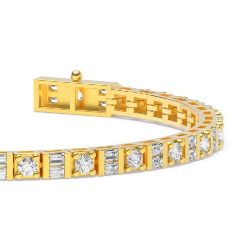 4 Prong Round/Baguette Yellow Gold Alternate line Tennis Diamond Bracelets