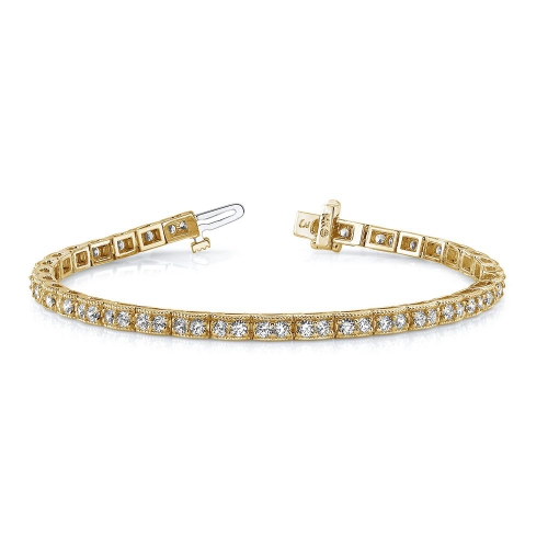 Pave Setting Round Yellow Gold Miligrain Tennis Diamond Bracelets