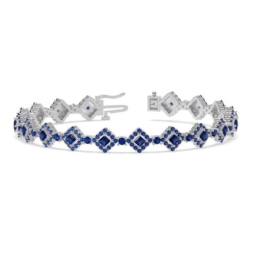4 Prong Princess/Round Square center Blue Sapphire Cluster Diamond Bracelets