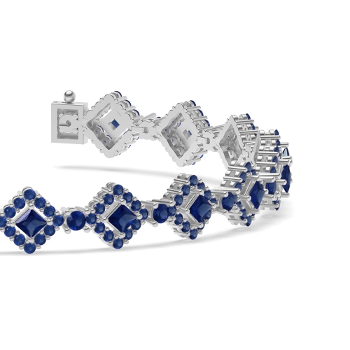 4 Prong Princess/Round Square center Blue Sapphire Cluster Diamond Bracelets