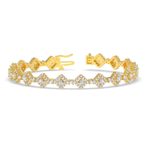 4 Prong Princess/Round Yellow Gold square center Tennis Bracelet