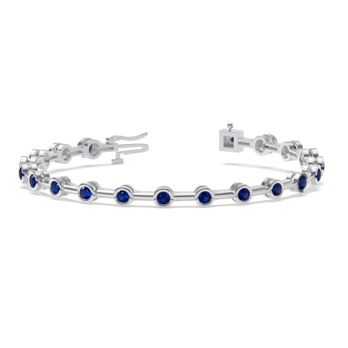 Bezel Setting Round Plain bar link Blue Sapphire Delicate Diamond Bracelets