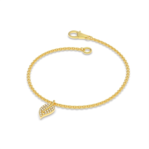 4 Prong Round Yellow Gold Leaf charm Delicate Diamond Bracelets