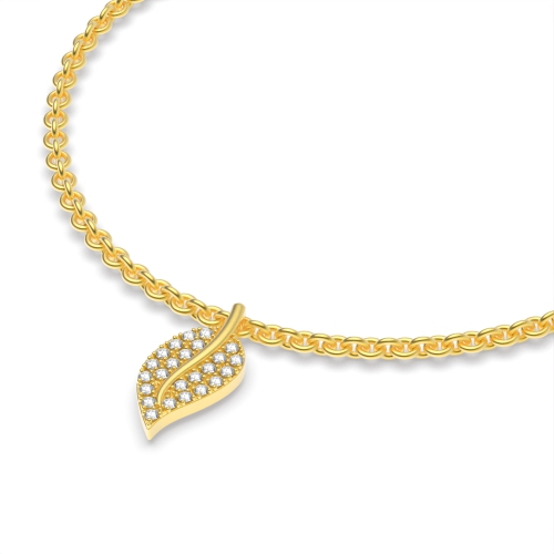 4 Prong Round Yellow Gold Leaf charm Delicate Diamond Bracelets