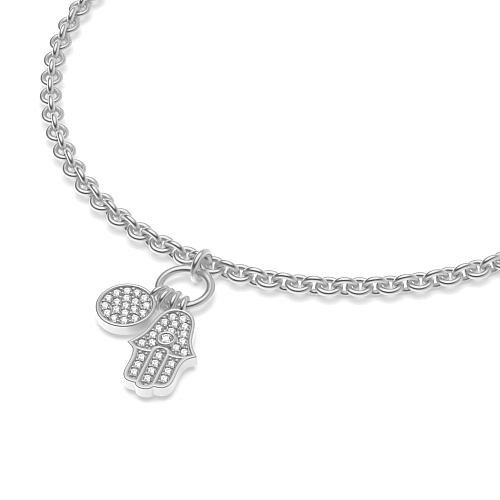 Pave Setting Round Silver Hamsa with of charm Charms Diamond Bracelets