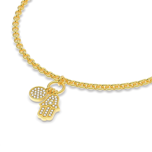 Pave Setting Round Yellow Gold Hamsa with of charm Charms Diamond Bracelets