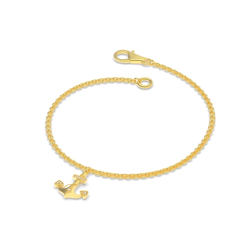 Pave Setting Round Yellow Gold Fouled anchor charm Delicate Diamond Bracelets