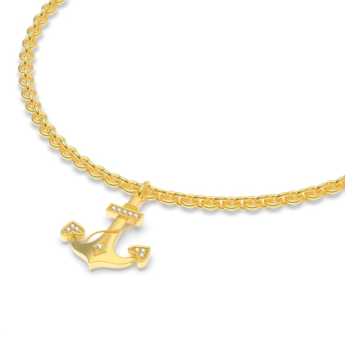 Pave Setting Round Yellow Gold Fouled anchor charm Delicate Diamond Bracelets