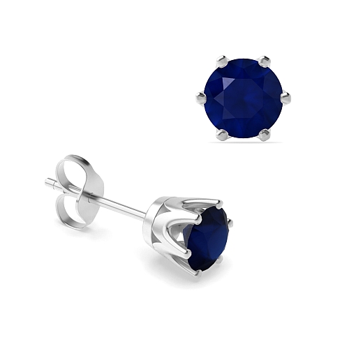 6 Prong Crown Blue Sapphire Diamond Earrings