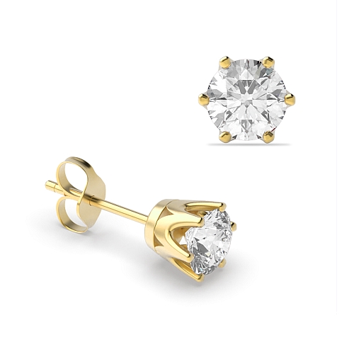 6 Prong Yellow Gold Crown Diamond Earrings