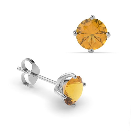 4 Prong Round Twisted Citrine Stud Diamond Earrings