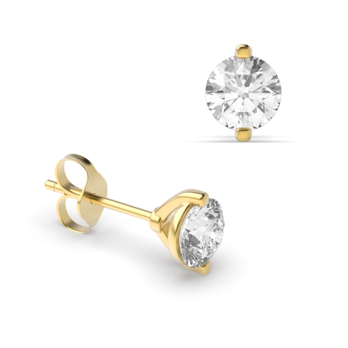 3 Prong Yellow Gold Stud Diamond Earrings