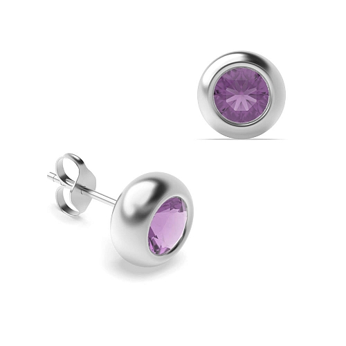 Bezel Setting Solid Amethyst Diamond Earrings