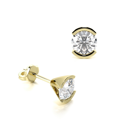 Bezel Setting Round Yellow Gold Half open Diamond Earrings