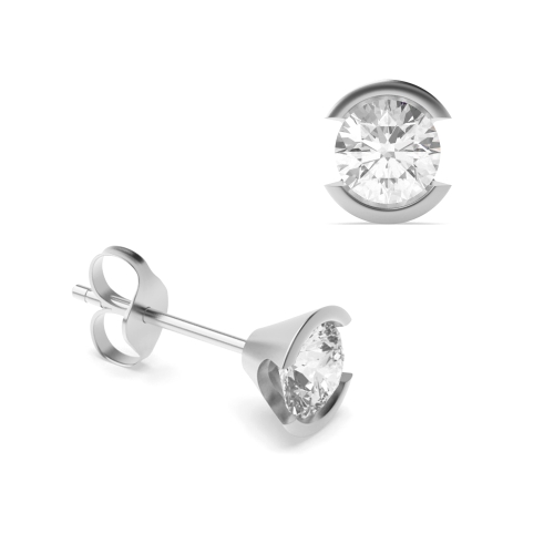 Bezel Setting Round Silver Semi open Diamond Earrings