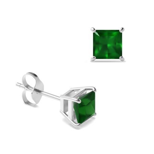 Claw Setting Square Emerald Gemstone Stud Earrings