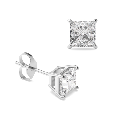 4 Prong Princess Silver Stud Diamond Earrings
