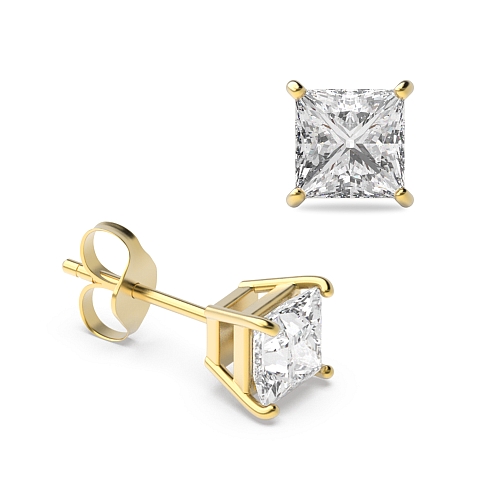 4 Prong Yellow Gold Square Diamond Earrings