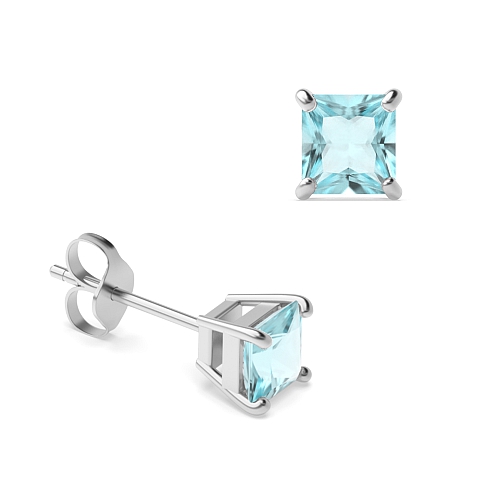 4 Prong Square Aquamarine Stud Diamond Jewellery