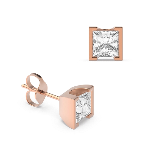 Tension Setting Princess Rose Gold Square Diamond Earrings