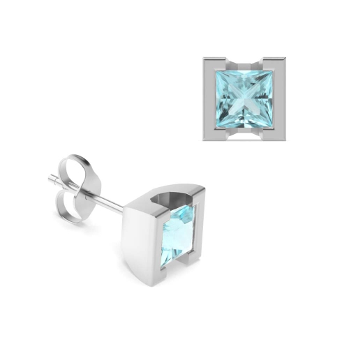 Tension Setting Princess forever Aquamarine Stud Diamond Jewellery