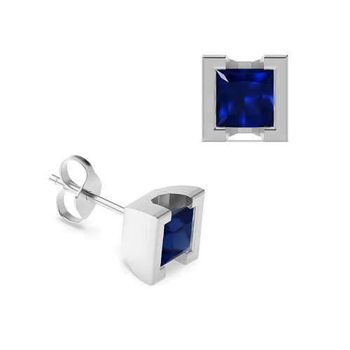 Tension Setting Princess Square Blue Sapphire Diamond Earrings