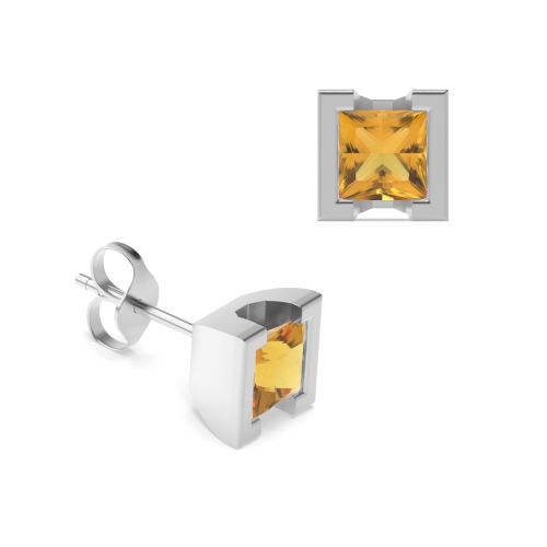 Tension Setting Princess Square Citrine Stud Diamond Earrings