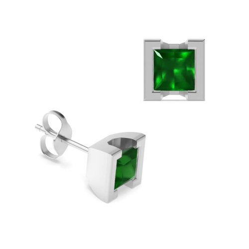 Tension Setting Princess Square Emerald Diamond Earrings