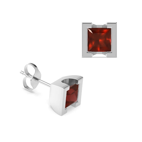 Tension Setting Princess Square Garnet Diamond Earrings