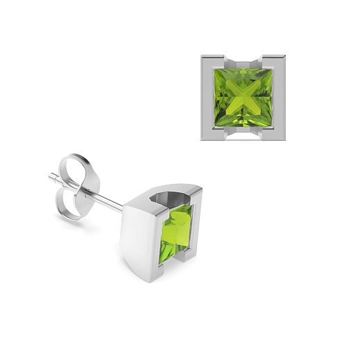 Tension Setting Princess Square Peridot Diamond Earrings