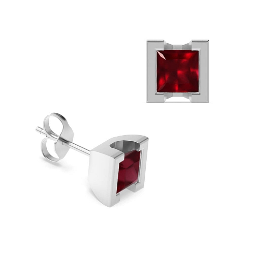Tension Setting Princess Square Ruby Diamond Earrings