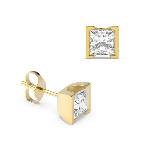 Tension Setting Princess Yellow Gold Square Diamond Earrings