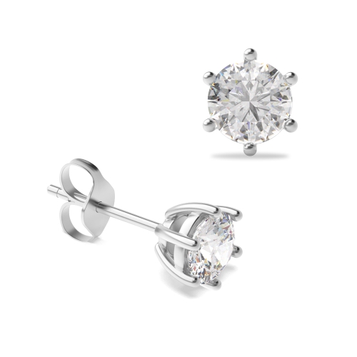 6 Claw Round Diamond White Gold Stud Earring