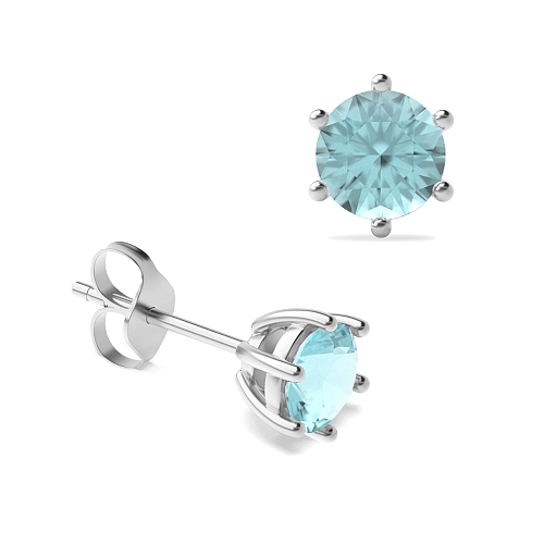 6 Prong flower styled Aquamarine Stud Diamond Earrings