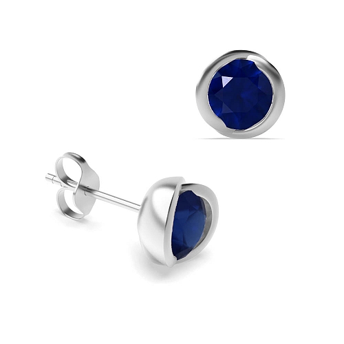 Bezel Setting Round Rose shaped Blue Sapphire Diamond Earrings