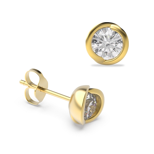 Bezel Setting Round Yellow Gold Rose shaped Diamond Earrings